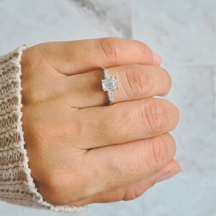 Minimalist Emerald Cut and Baguette Moissanite Threestone Ring
