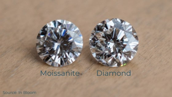 Photo of a moissanite next to a diamond