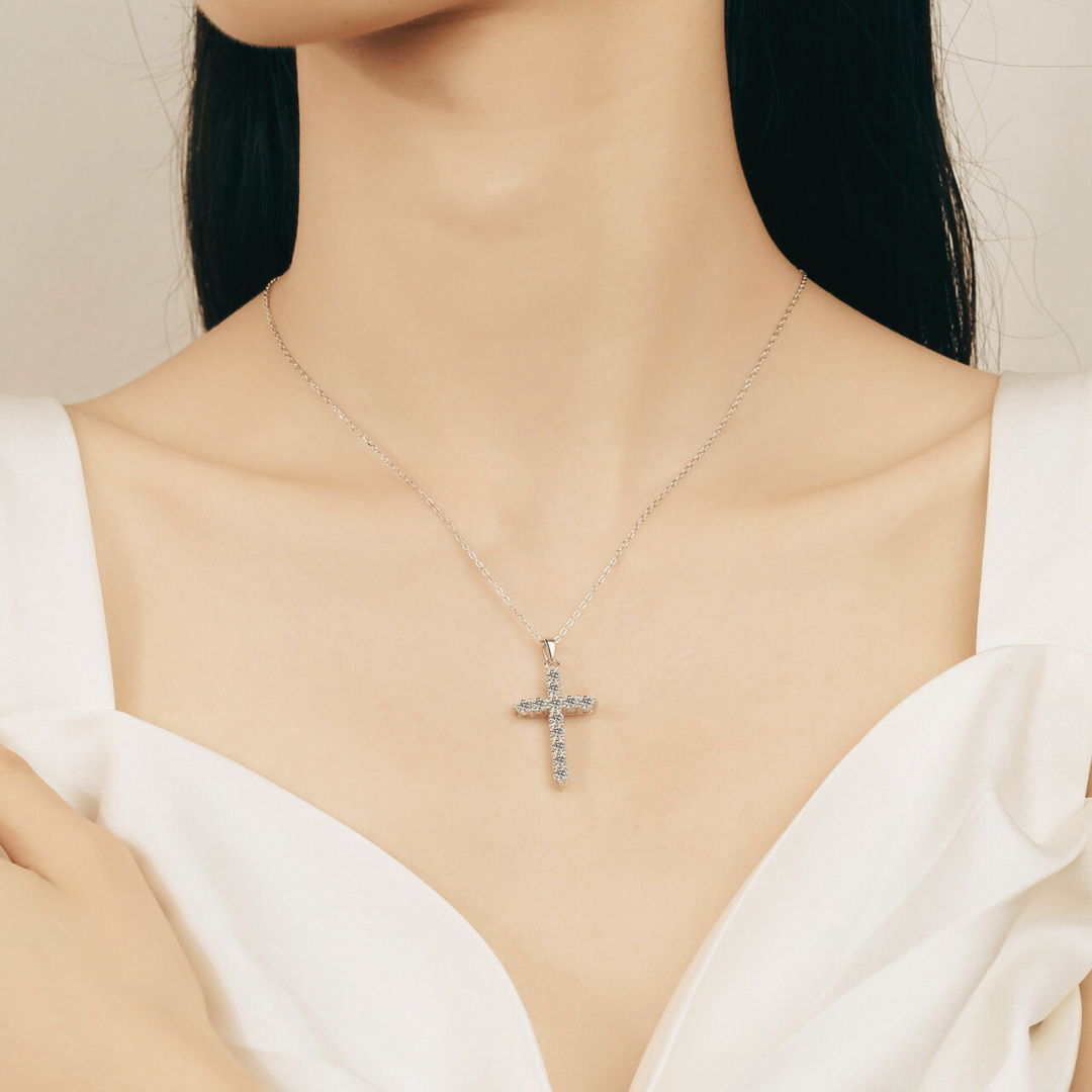 Cross Moissanite Pendant Necklace in Sterling Silver