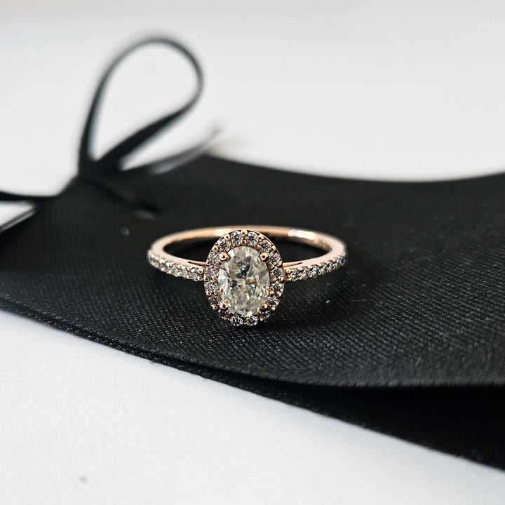 Petite Oval Halo Micropavé Moissanite Ring