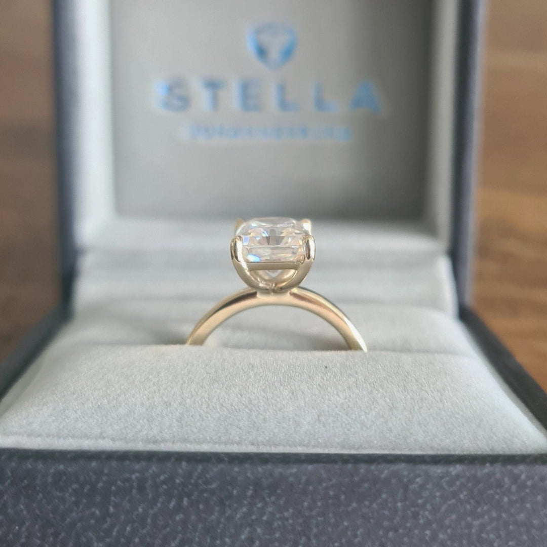 3ct radiant cut moissanite solitaire engagement ring in yellow gold