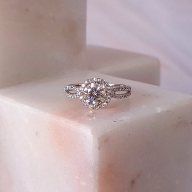 Double Shank Round Moissanite Halo Ring