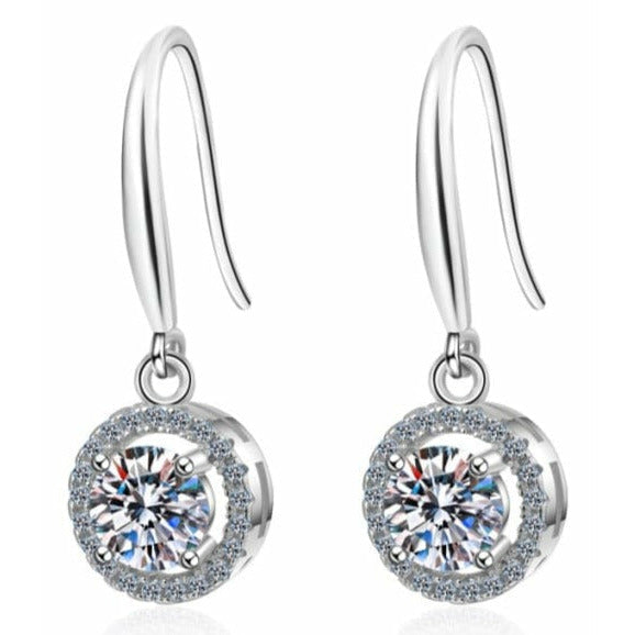 Hook earring set with a round moissanite surrounded by a halo of smaller moissanites, in sterling silver
