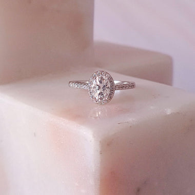 Petite Oval Halo Micropavé Moissanite Ring