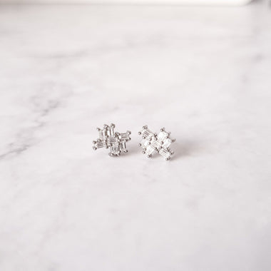 Baguette cut moissanite cluster studs set in sterling silver as worn by Marciel Hopkins for her wedding