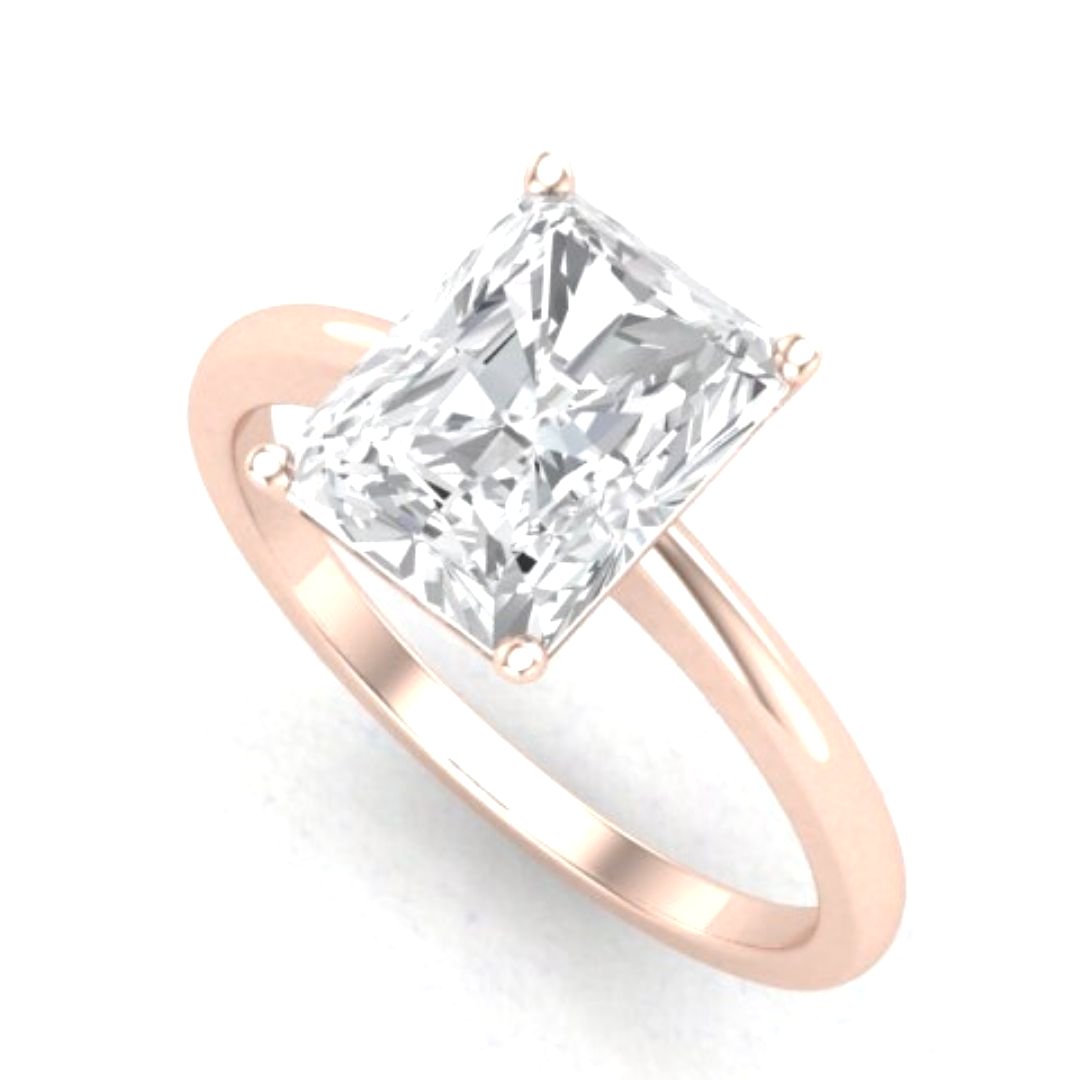 3ct radiant cut moissanite solitaire engagement ring in rose gold