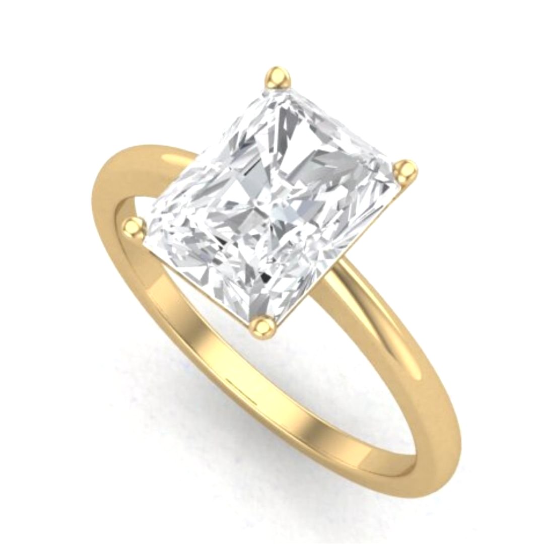 3ct radiant cut moissanite solitaire engagement ring in yellow gold