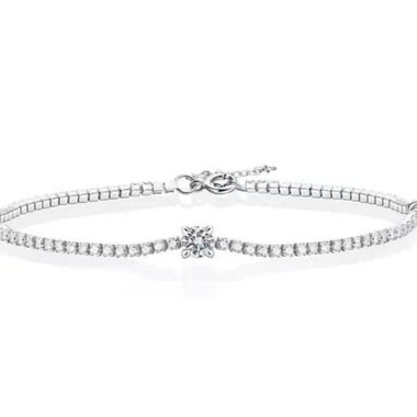 Adjustable length moissanite tennis bracelet with three round accent moissanite stones set in sterling silver