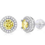 Yellow moissanite stud earrings with white moissanite halo set in sterling silver