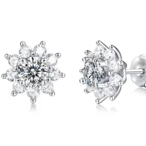 Flower style moissanite stud earrings set in sterling silver