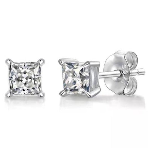 0.5 carat square cut moissanite stud earrings set in sterling silver