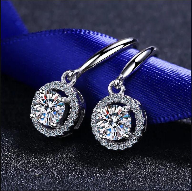 Moissanite Halo Earrings in Sterling Silver